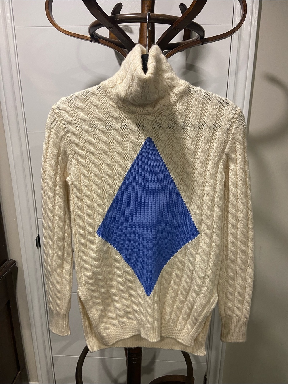 Tory Burch Cream Cable-Knit Turtleneck Sweater with Blue Diamond